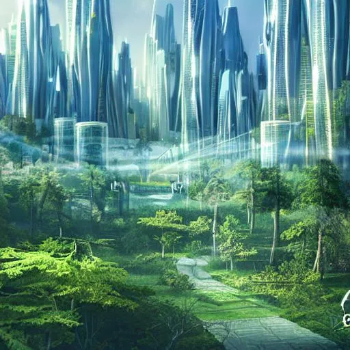 Prompt: Photograph of a forested landscape with a futuristic city in the distance. Detailed, well lit.