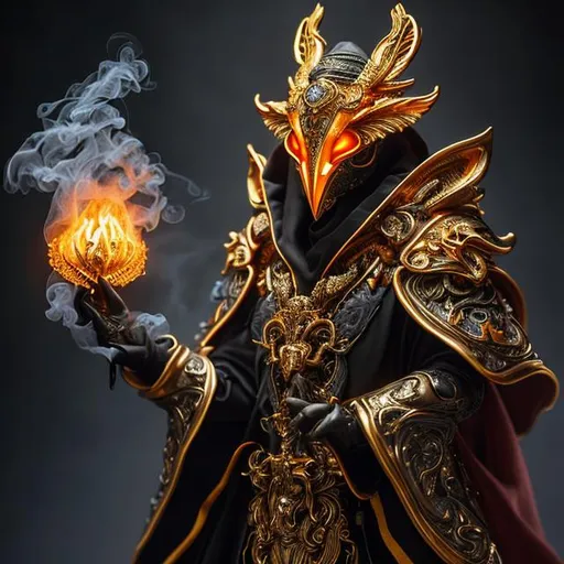 Prompt: high-quality high-detail highly-detailed breathtaking Villen ((by Aleksi Briclot and Stanley Artgerm Lau)) - ((a warlock)), hooded orange detailed fox oni warlock rich golden ornate robes casting smoke in hands, flying, smoke in feets, glowing, highly detailed vintage brass jester mask, add some orange smoke in his hands, glowing chest emblem , smooth detailed shoulder plates, detailed ivory, full body, fantasy robes,, wearing mime mask, 8k,  full form, detailed library setting, full form, epic, 8k HD, ice, sharp focus, ultra realistic clarity. Hyper realistic, realistic, close to perfection, high quality cell shaded illustration, ((full body)), dynamic pose, perfect anatomy, centered, freedom, soul, approach to perfection, cell shading, 8k , cinematic dramatic atmosphere, watercolor painting, global illumination, detailed and intricate environment, artstation, concept art, fluid and sharp focus, volumetric lighting, cinematic lighting.