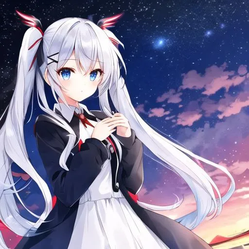 Prompt: Better quality, female character, silver hair, long twintail hair with x Hairclip, blue eyes, red and black coat, angel wings on back, night sky, clouds, flying,