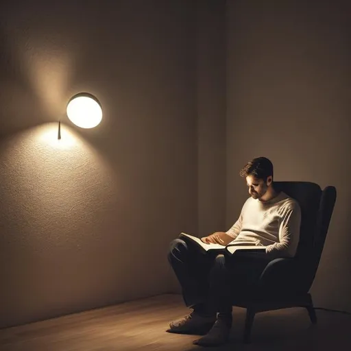 Prompt: a man reading a book, seating on an armchair, in a very dark room with only  ligth from tall flor lamp.
