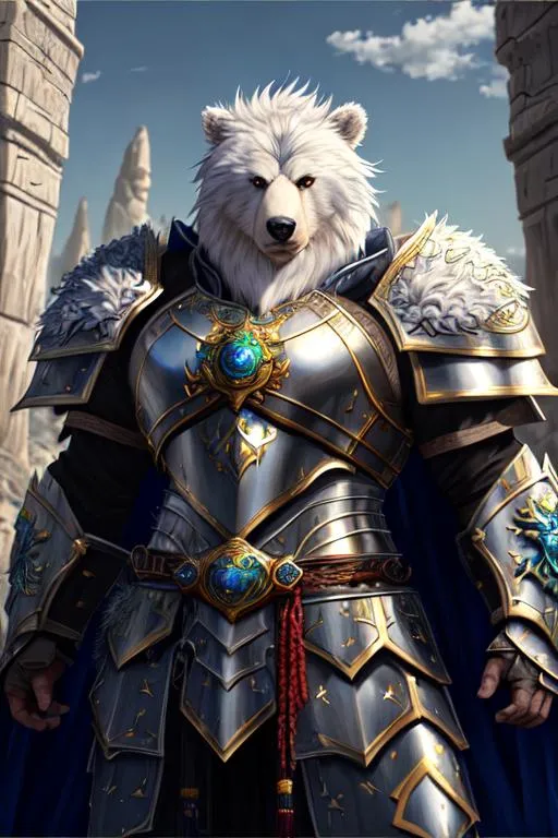 Prompt: oil painting, fantasy, Werebear male, perfect rugged face with white hair and white fur, and with sad vibrant blue eyes | Warrior in battle stance wearing intricate Holy plate armor, a tiny green Dragon hovers above his shoulder  #3238, UHD, hd , 8k eyes, detailed face, big anime dreamy eyes, 8k eyes, intricate details, insanely detailed, masterpiece, cinematic lighting, 8k, complementary colors, golden ratio, octane render, volumetric lighting, unreal 5, artwork, concept art, cover, top model, light on hair colorful glamourous hyperdetailed medieval city background, intricate hyperdetailed breathtaking colorful glamorous scenic view landscape, ultra-fine details, hyper-focused, deep colors, dramatic lighting, ambient lighting god rays, flowers, garden | by sakimi chan, artgerm, wlop, pixiv, tumblr, instagram, deviantart