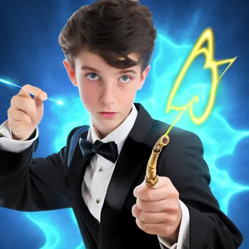Prompt: 16 year old boy in a tuxedo waveing his magic wand and pointing it to his right 
