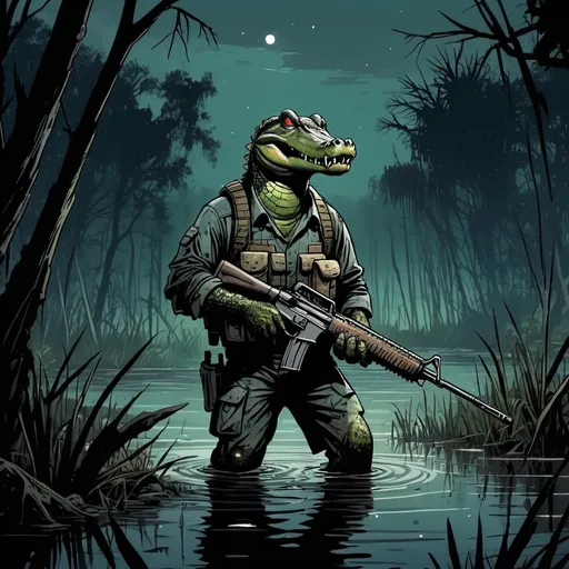 Prompt: Aligator wading in waste deep water carrying an assault rifle, in a dark swamp, at night, detailed, dark colors, dramatic, graphic novel illustration, post apocalyptic war zone