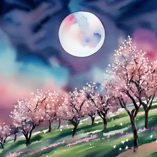 Prompt: Blooming hilltop Cherry Groves over a full moon in watercolor