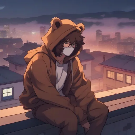 Anime boy character with black long fluffy wavy hair, wearing a blue hoodie  and glasses