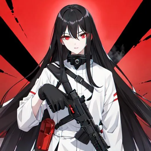 Prompt: 1male (pale) (long black hair) (red eyes) holding a gun, nuclear fallout