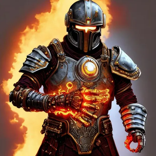 Prompt: Ferrus, skull face, armored in red and gold, blue fire, realistic, Man, holding glowing, Iron hands, on fire, grey background, retro, neck guard, legion of the damned, human, imperial Aquila, demon, from hell