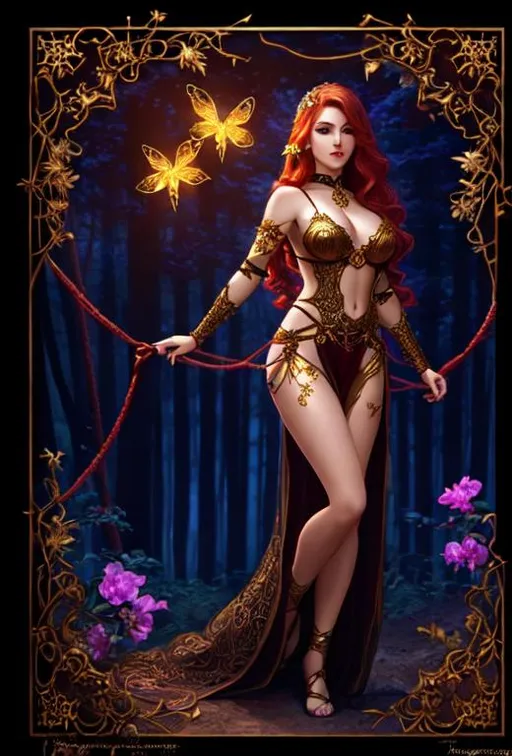 Prompt: Chiaroscuro, full-body painting of a beautiful pale-skinned night elf girl ((((naked)))), ( mahogany red hair with flowers, messy), ropes, ((forest background)), bioluminescent, (wearing intricate jewelry) gold gothic armor with golden filigree details and ornamental jewelry, vines, delicate, soft, fireflies, spiders, spider webs, webs, silk, threads, ethereal, luminous, glowing, dark contrast, celestial, highly detailed face, ribbons, trails of light, 3D lighting, soft light, vaporware, volumetric lighting, occlusion, Unreal Engine 5 128K UHD Octane, fractal, pi, fBm, mandelbrot