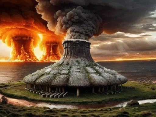 Prompt: Vikings shown close up are watching nuclear explosion, nuclear blast, nuclear mushroom, photorealistic,hyperrrealistic,ultrarealistic,extremely realistic