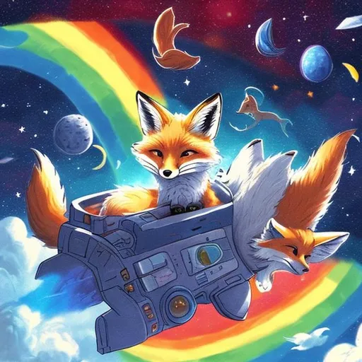 Prompt: fox and cat in space playing in a rainbow asteroid field rocket ship

