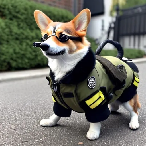 Prompt: A Corgi wearing spy gear, spy gear, blur the background, a fancy black car in the midground behind the dog, have a gun attached to the side of the dogs vest