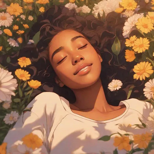 Prompt: close up shot, anime, ghibli, girl, lying in a bed of flowers, headshot, deliriously happy, golden hour, dreamy filter, african american, eyes closed