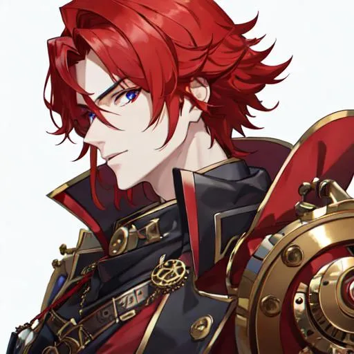 Prompt: Zerif 1male (Red side-swept hair covering his right eye) steampunk, UHD, 8K, highly detailed, mechanical arm