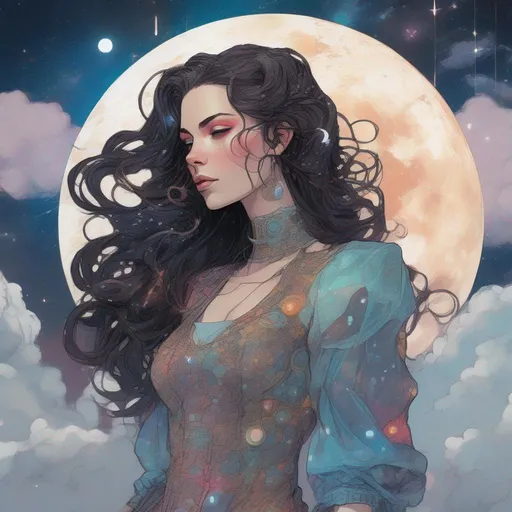 Prompt: A colourful and beautiful head to toe Persephone as a cyberpunk woman with brunette hair wearing an old vintage lacy dress, with clouds for hair in a painted marvel comics style framed by constellations and the moon