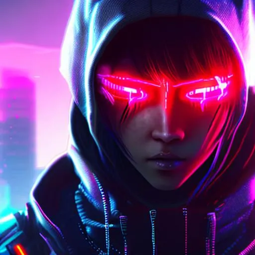 Prompt: Quality, 8k, detailed, cyberpunk, anime, hood, beautiful, face, neon backlight
