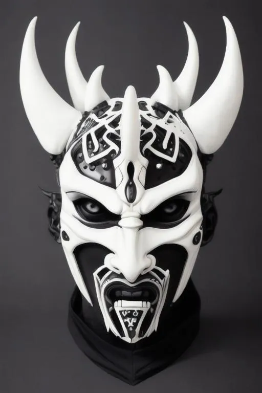 Prompt: Cyberpunk oni mask, gaudi, white and black, intricate details