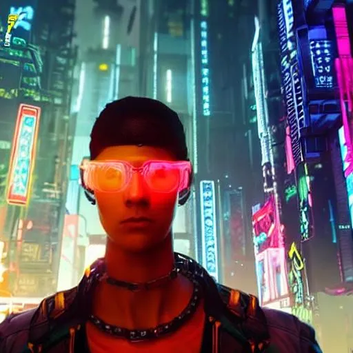 Prompt: Full face of a cyberpunk traveller, male aged 19, 65 kilos hyper realistic , Perfect face, perfect body, Neon future background city, Realistic, hyper-detailed, unreal engine 5