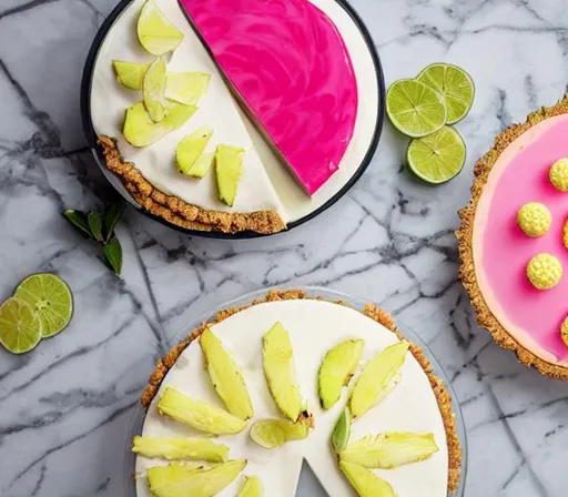 Prompt: pink pineapple next to a key lime pie on a table, 8k, realistic, marble