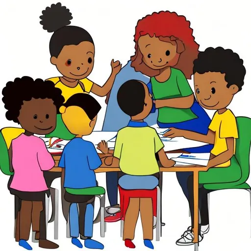 Prompt: realistic clip art of multicultural  students working on math with teacher
