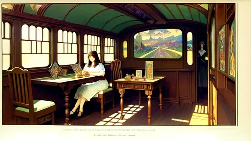 Prompt: [two point perspective][full length portrait; interior]
seated across the rune-covered table of her shadowy arts-and-crafts-styled sleeper-car school bus conversion is Morgan, corpulent Oracle of Limbo, explaining your fortune in the arcane spread of antique Tarot cards laid out before you.
Alphonse Mucha, Maxfield Parrish, Edward Hopper, J C Leyendecker, N C Wyeth.