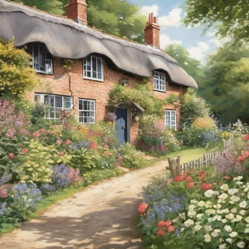 Prompt: An english cottage in summer in the country side