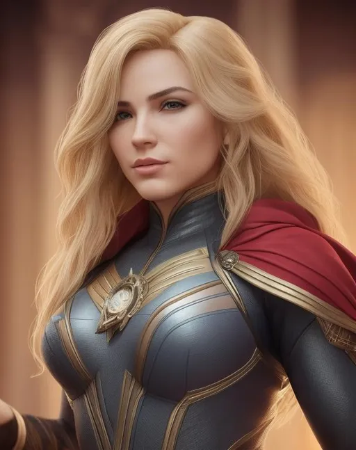 Prompt: super detailed lifelike 4d illustration of beautiful blonde female with large muscles in a fantasy environment dressed up like doctor strange