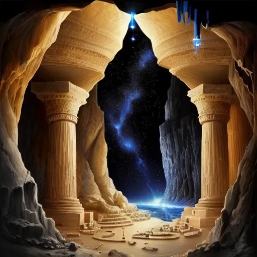 Prompt: Mesopotamia, ancient greece, celestial, deep cave lined with sparking jewels 