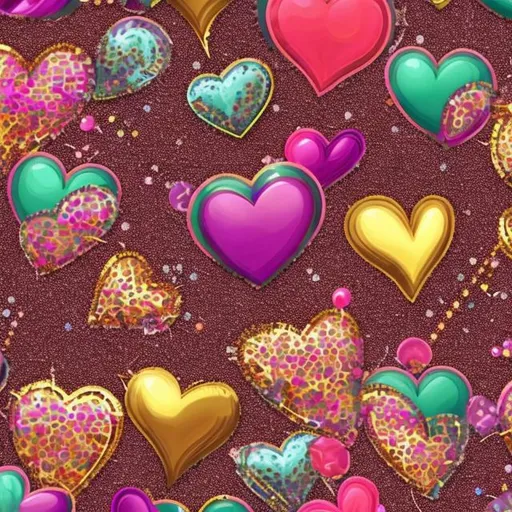 Prompt: Cute glittery and metallic background with brightly colored heart variations in sizes Lisa Frank steampunk style