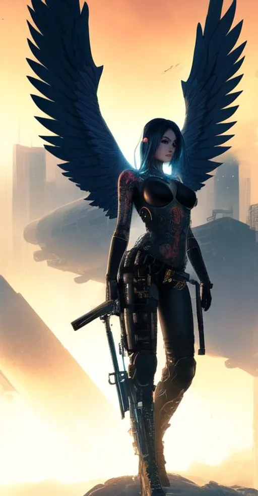 Prompt: Beautiful cyberpunk angel with tattoos, apocalyptic, swords, guns, fire