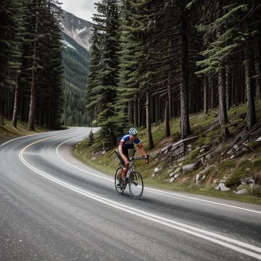 Prompt: A cyclist on his way to the top of a col in a tough mountain stage.