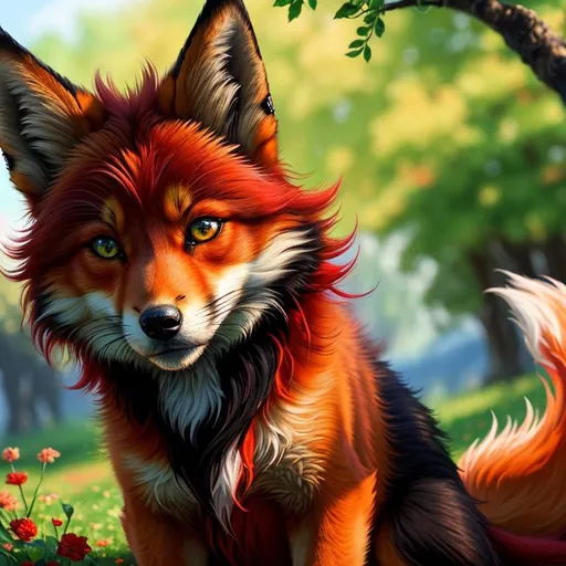 Prompt: (8k, 3D, UHD, highly detailed, hyper detailed, masterpiece, detailed oil painting) portrait of fire elemental ((fox)), (canine quadruped), adolescent, silky crimson-red fur, emerald green eyes, 8k eyes, youthful, lively, lithe, black fur highlights, sharp focus, long silky hair on crest, slender, umber red mane, beautiful charming mischievous grin, wispy brown ears, wispy ruby-red mane flowers on fur, snow-capped trees, fur dusted with snow, forest, silky bushy tail, billowing mane, professional, unreal engine, dynamic, intricate detail, intricately detailed fur, highly detailed face
