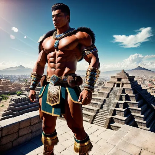 Prompt: 3D, HD, Dramatic, Epic, Spectacular, Cinematic lighting, muscular [one male dressed in Aztec warrior outfit] and [standing on ledge of Aztec Temple and looking towards the ground at a crowd below], expansive Texcoco City background, ultra detailed full body artistic photography, detailed rugged Gorgeous detailed face, shadows, oil on canvas, brush strokes, ultra sharp focus, ominous, matte painting movie poster, golden ratio, epic, intricate, cinematic character render, hyper realistic, 64K --s98500