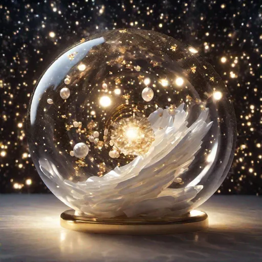 Prompt: Galaxies in the spiral universe in the shape of Glowing White Big Pearl shimmers in Glowing crystal Glass Lantern laying on Big Universe, its light radiating outward in a brilliant display of stars, illuminating the darkness of the night, octane render, backlit, golden glow, cinematic.