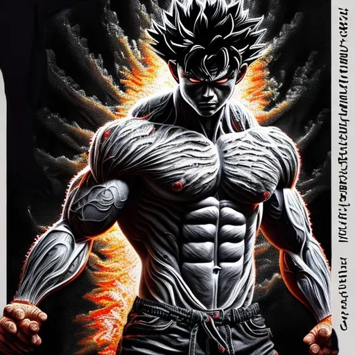 Prompt: 64K masterpiece intricate hyperdetailed breathtaking 3D glowing black oil painting medium portrait of Son Goku, black trousers, intricate hyperdetailed muscular body, intricate hyperdetailed muscles, glowing white light reflection on the muscles, hyperdetailed intricate hard standing glowing hair, hyperdetailed glowing angry white eyes, detailed face, white glowing muscles, white glowing body, white glowing skin, semi-polaroid monochrome photography, hyperdetailed complex, character concept, hyperdetailed intricate glowing shining glamorous white water drop floating in the air, very angry, intricate glowing light reflection, intricate hyperdetailed glowing iridescent reflection, strong glowing white light on the hair, contrast white head light, hyperdetailed very strong black shading, very strong black muscle shadow, professional award-winning photography, maximalist photo illustration 64k, resolution High Res intricately detailed, impressionist painting, yellow color splash, illustration, key visual, panoramic, cinematic, masterfully crafted, 8k resolution, stunning, ultra detailed, expressive, hypermaximalist, UHD, HDR, UHD render, 3D render, 64K, hyperdetailed intricate watercolor mix oil painting on the body, Toriyama Akira