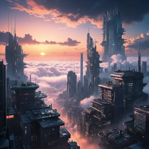 Prompt: Anime cyberpunk style, futuristic city above clouds during sunrise ,highly detailed, HD, dark background