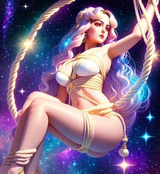 Prompt: highest quality portrait full body of galactic woman, digital painting, shibari, ropes, style of Fragonard, highly-detailed symmetric face, cinematic, washed out palette,  super soft, soft pastel color palette, pearlescent, sparkling, stars, galaxy, white, big eyes, iridescent, big lips, long hair,, legs visible, vines, arms visible, perfect composition, hyperrealistic, super detailed, 8k, high quality, sharp focus,intricate details, highly detailed, dynamic lighting, detailed and intricate environment
