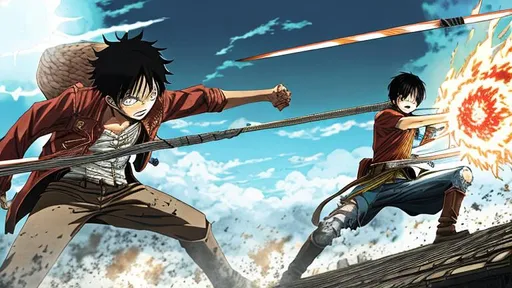 Prompt: levi and luffy fighting titans from attack on titan