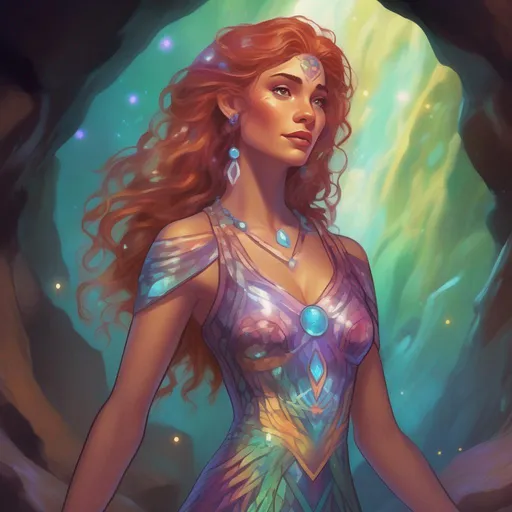Prompt: A colourful and beautiful Persephone, in a beautiful flowing iridescent dress, with iridescent gems as her hair, with glowing and iridescent tribal markings on her skin, in a cave. In a Disney and Marvel Comics painted style.