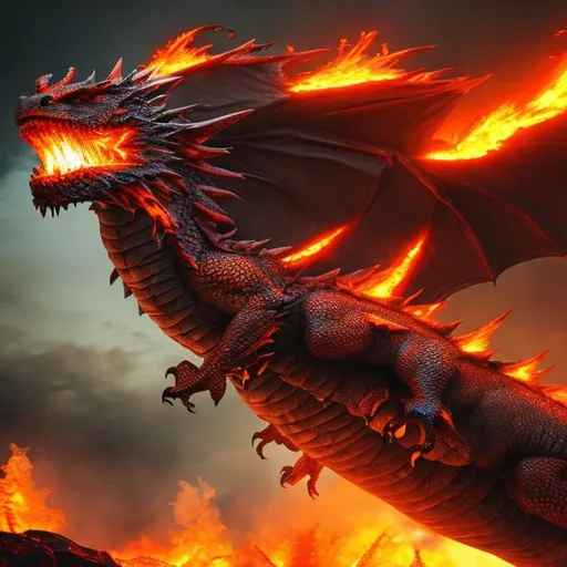 Prompt: a realistic image of a raging dragon flying through breathing fire on the land as the land burns with lava