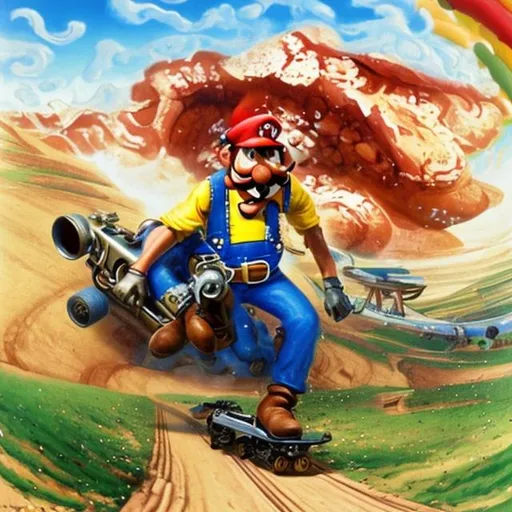 Prompt: Yosemite Sam with a machine gun riding a motorcycle on the Super Mario Cart track "Rainbow Road"