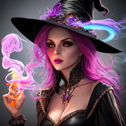 Prompt: Hyper photo realistic gorgeous witch with alluring eyes casting colorful magic spell, colored smoke, unreal engine 5, athletic figure, professional photography, elaborate, in the style of Frank Franzetta, 64 megapixels, detailed, realistic natural lighting, ornate, sharp focus, sharp image, 3-D, magical powers, photo realistic