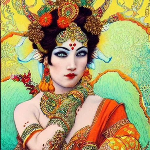 Prompt: beautiful and playful ginger hindu dancer, art nouveau, fantasy, intricate indian flower designs, elegant, highly detailed, sharp focus, art by chie yoshii And Monet