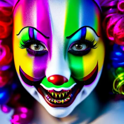 Prompt: photograph of [blend|hybrid|fusion|mix] of female (clown, ghoul); 8k, hdr, portrait, vivacious, seductive, dramatic, intricate, insanely detailed, perfectionism, hyper realistic, masterpiece, vibrant, cinematic, backlighting, studio quality, HQ, subsurface scattering, ambient occlusion, sharp focus, dslr