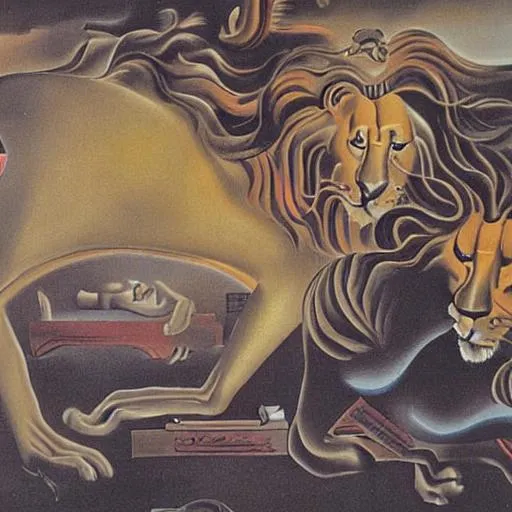 Prompt: A painting in the style of dali showing lions in a factory