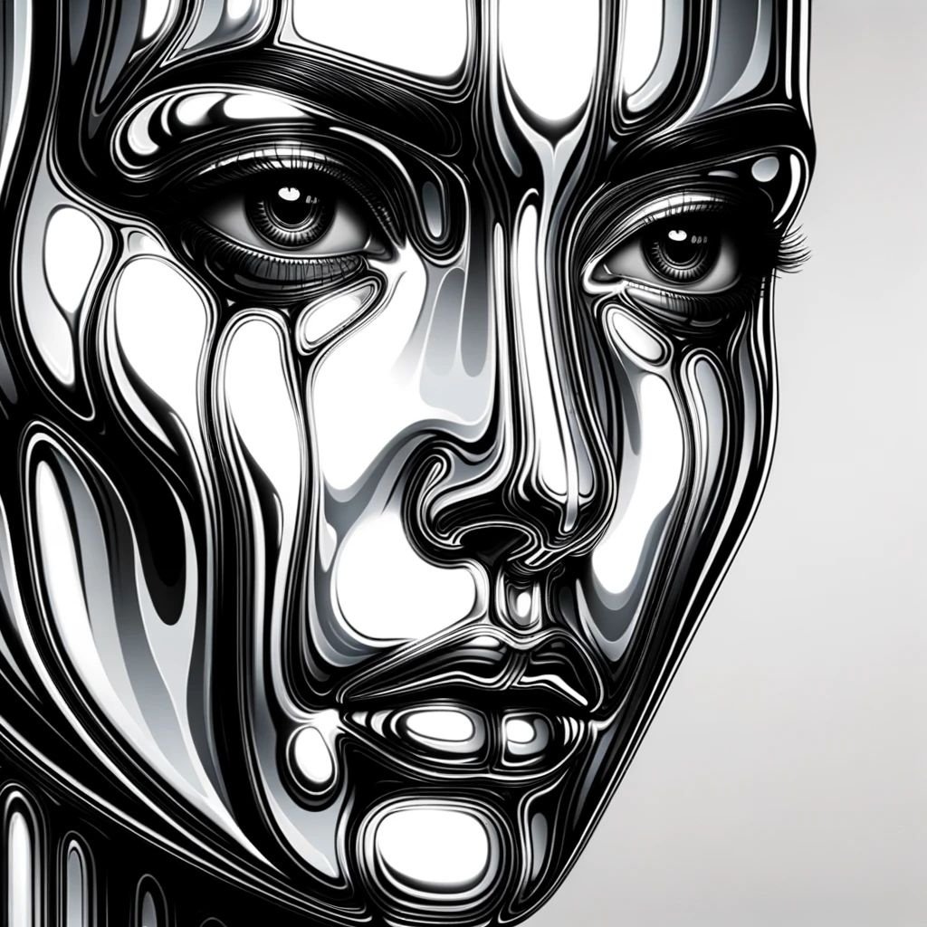 Prompt: Presentation of Human Form: A woman's face, crafted with the aesthetics of liquid metal, radiates under a soft light. The face is adorned with striking black and white stripes, providing a unique contrast. The depiction pays homage to the 1980s era of art where the human form was presented in a minimalist yet evocative manner, focusing on shapes, shadows, and light to convey emotion.