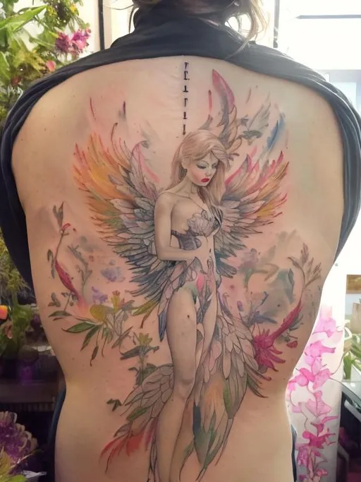 Prompt: Figure model with wings inside a circule and a background full of botanical flowers, tattoo, watercolor