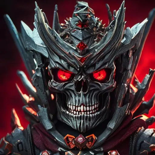 Prompt: A front view of king devil skeleton of death little smiling red diamond eyes with a sword of powers in right hand cinematic and portrait view ultra 4k hd with green crown on head and dark big boss chair