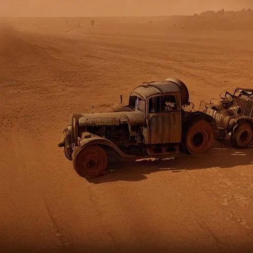 Prompt: old wetplate daguerreotype portrait tractor trailer truck in mad max : fury road ( 2 0 1 5 ), midday light, dust storm