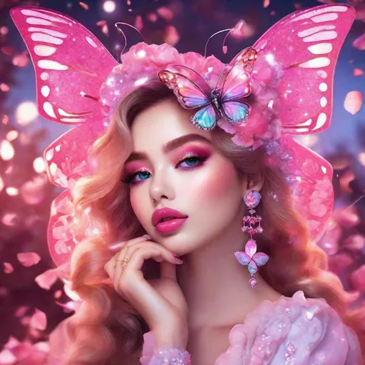 Prompt: and beautiful pretty art 4k full HD pink glitter butterfly diamond marshmallow goddess fluffy puffy lips sitting 🍄🌸✨🩷💎🧊 lady