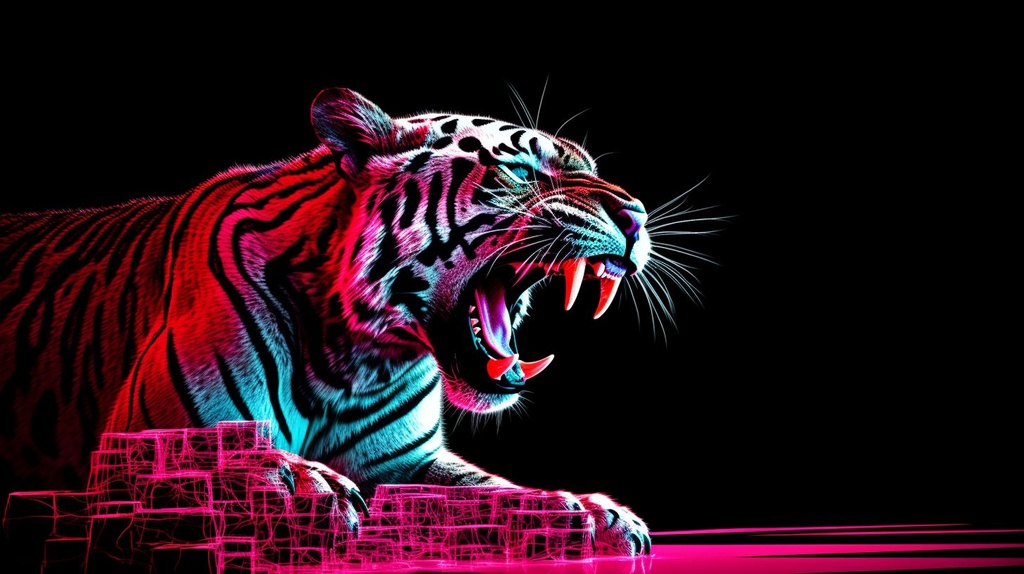 Prompt: tiger licking his paw projected onto a morphing block vector dynamic heightmap wall, 2d